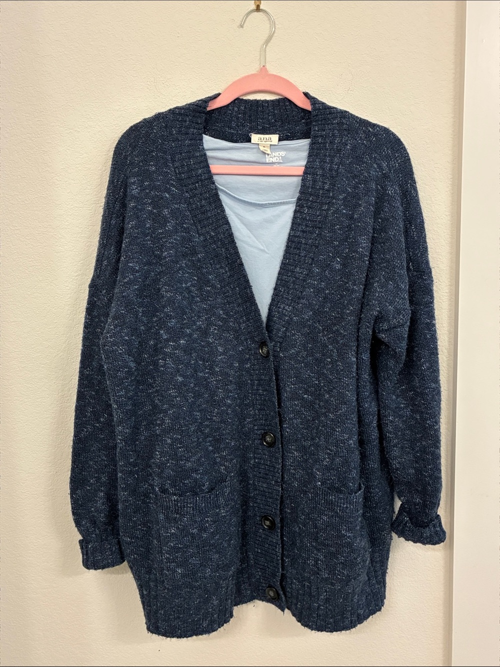 A.N.A. Dark Blue Heathered Cardigan Sweater | Large Patch Pockets | Easy Care XL